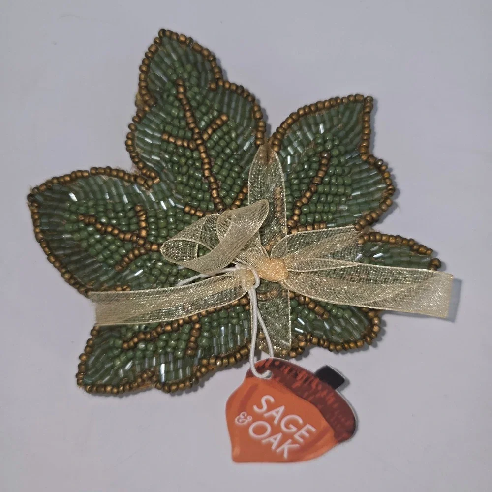 Sage & Oak Beaded Leaf Coasters Set of 4 Green Gold Autumn Fall Harvest Decor